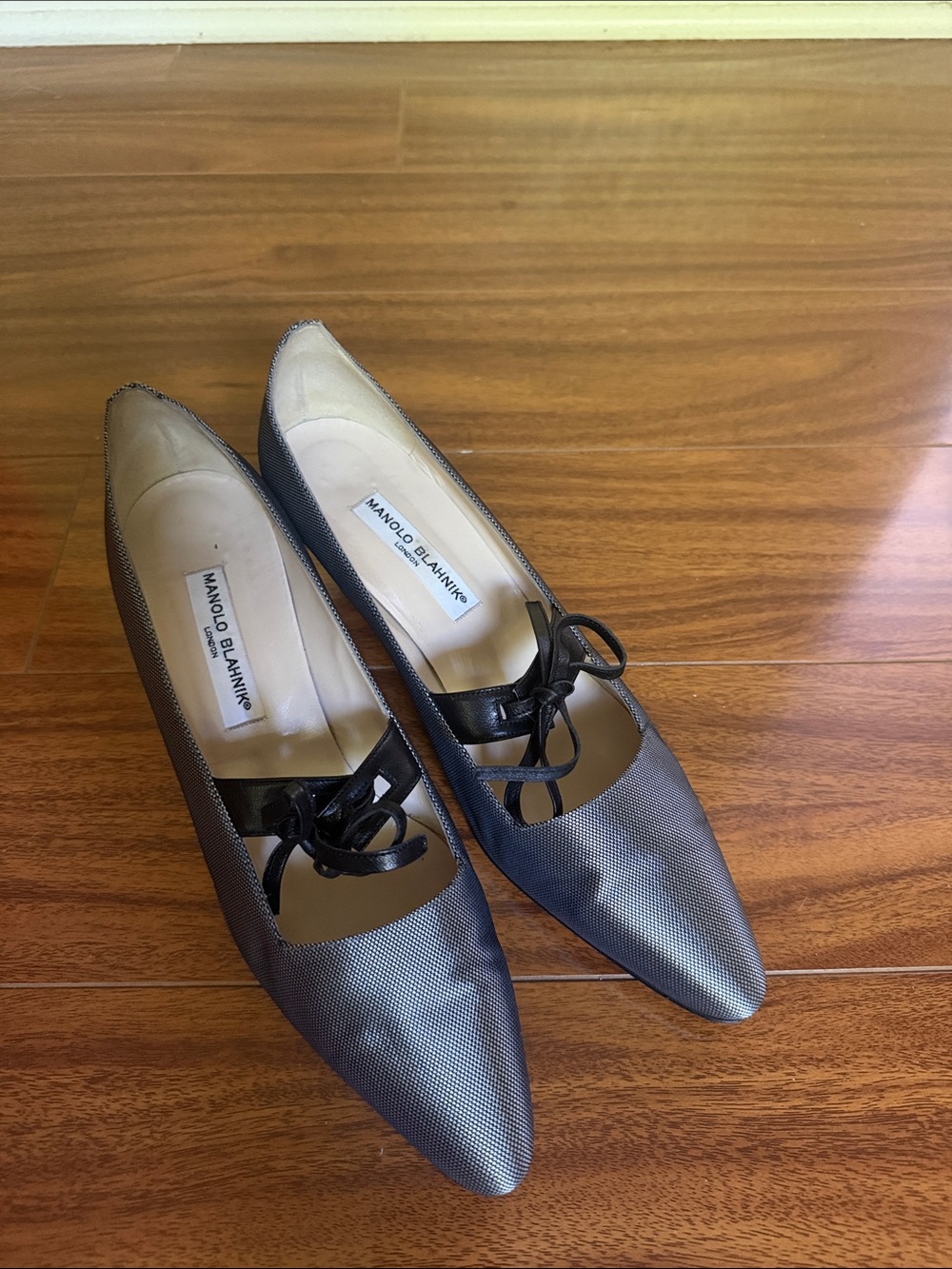 Manolo Blahnik Metallic Gray Pointed-Toe Flats with Black Lace Detail